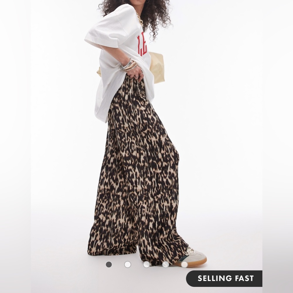Topshop abstract leopard crinkle plisse wide leg pants in brown
